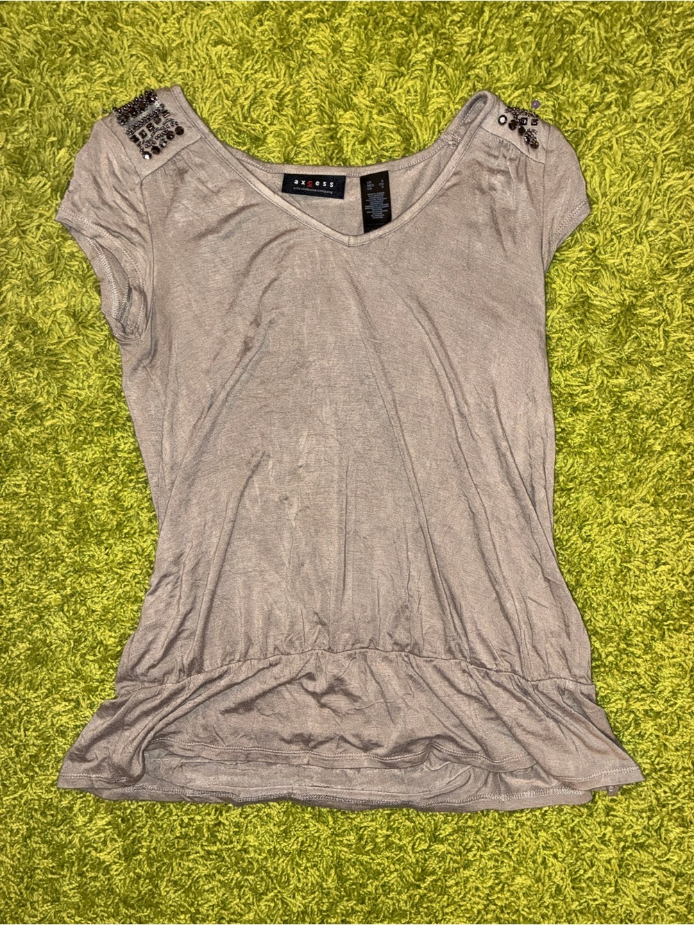 Axcess Short Sleeve Beaded Shoulder Top — Taupe